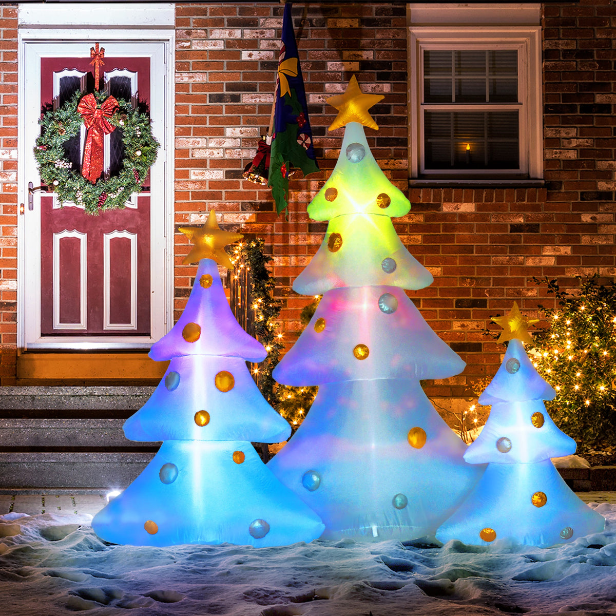 3er-Set aufblasbare Weihnachtsbäume, inkl. Gebläse, In- und Outdoor, inkl. Befestigungsmaterial, Weiß+Gold