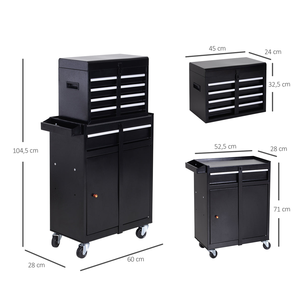  Tool Chest 2 in 1 Metal Tool Cabinet Storage Box with 5 Drawers Pegboard Wheels 60x28x104.5cm Black