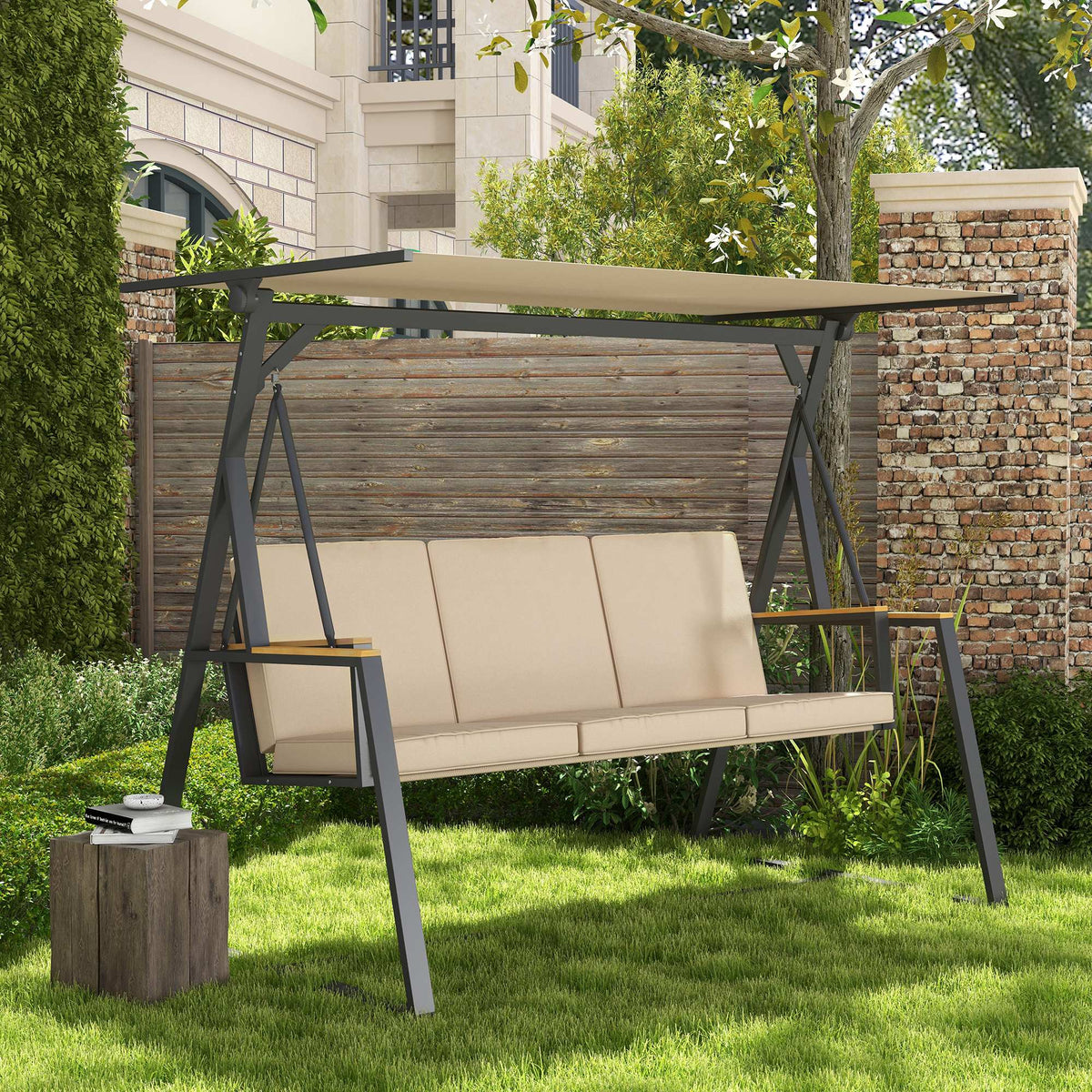 Hollywoodschaukel Gartenschaukel 3-Sitzer-Schaukel, mit Sonnendach, wetterbeständig, Beige + Schwarz