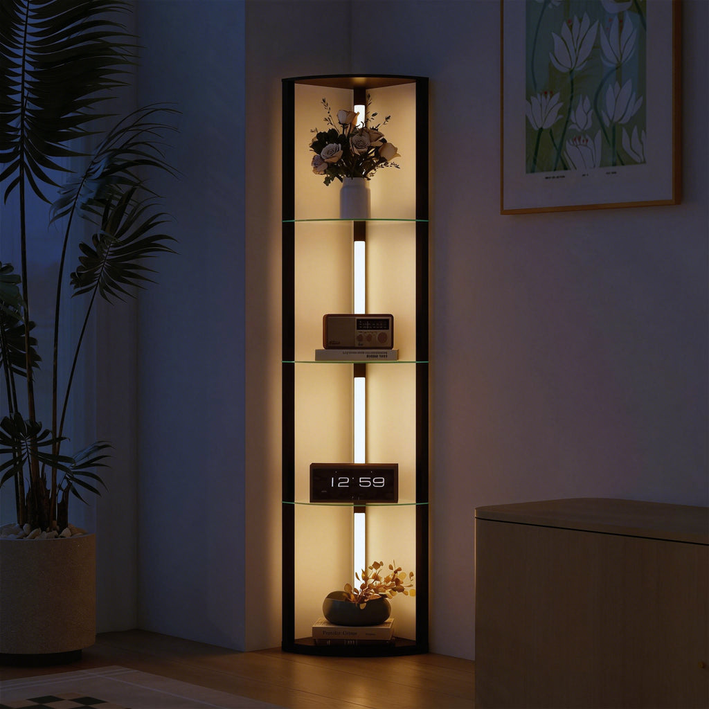 LED Stehlampe mit Glasregal Stehleuchte mit 3 Helligkeitsstufen Fußschalter für Wohnzimmer Schlafzimmer Schwarz