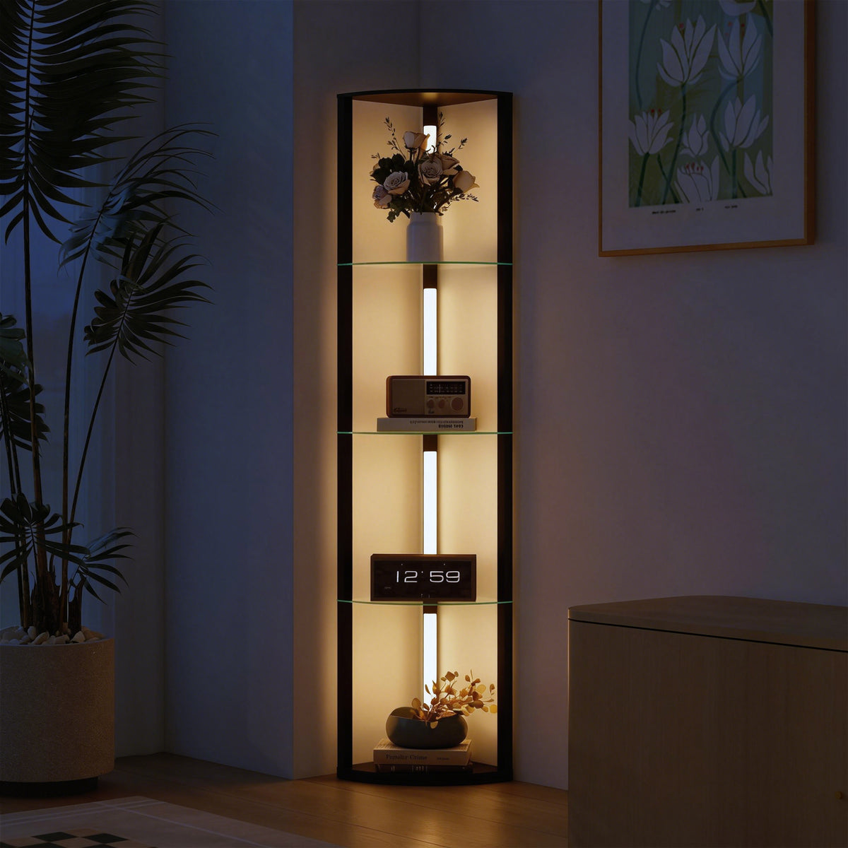 LED Stehlampe mit Glasregal Stehleuchte mit 3 Helligkeitsstufen Fußschalter für Wohnzimmer Schlafzimmer Schwarz