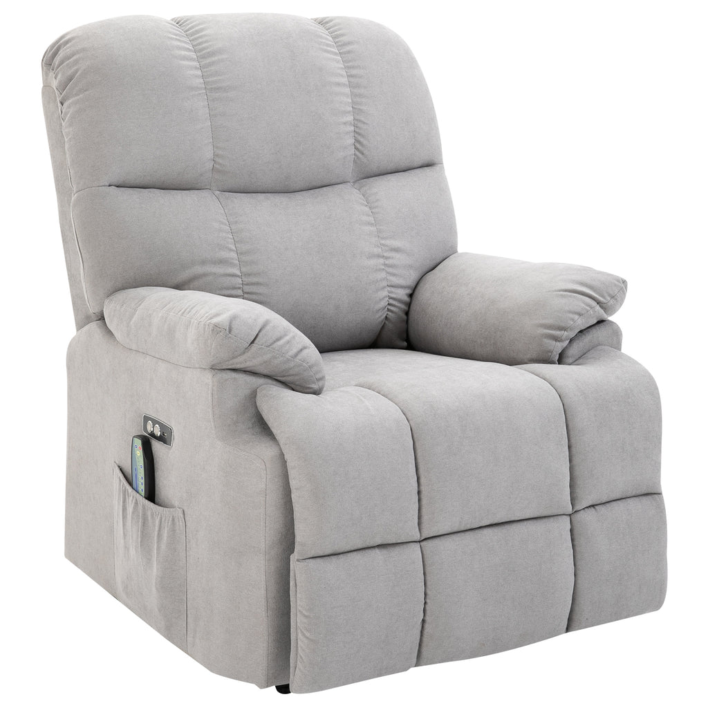 Sessel mit Aufstehhilfe, Massagesessel, Relaxsessel mit USB-Anschluss, Fernsehsessel mit Fernbedienung, Seitentasche, Neigebarer TV-Sessel mit Samtoptik, Grau