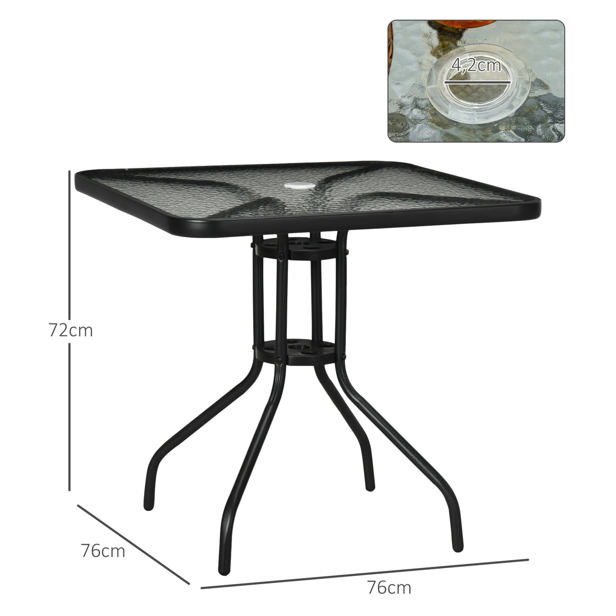 Square Garden Dining Table with Tempered Glass Top & Umbrella Hole, 76 x 76 cm
