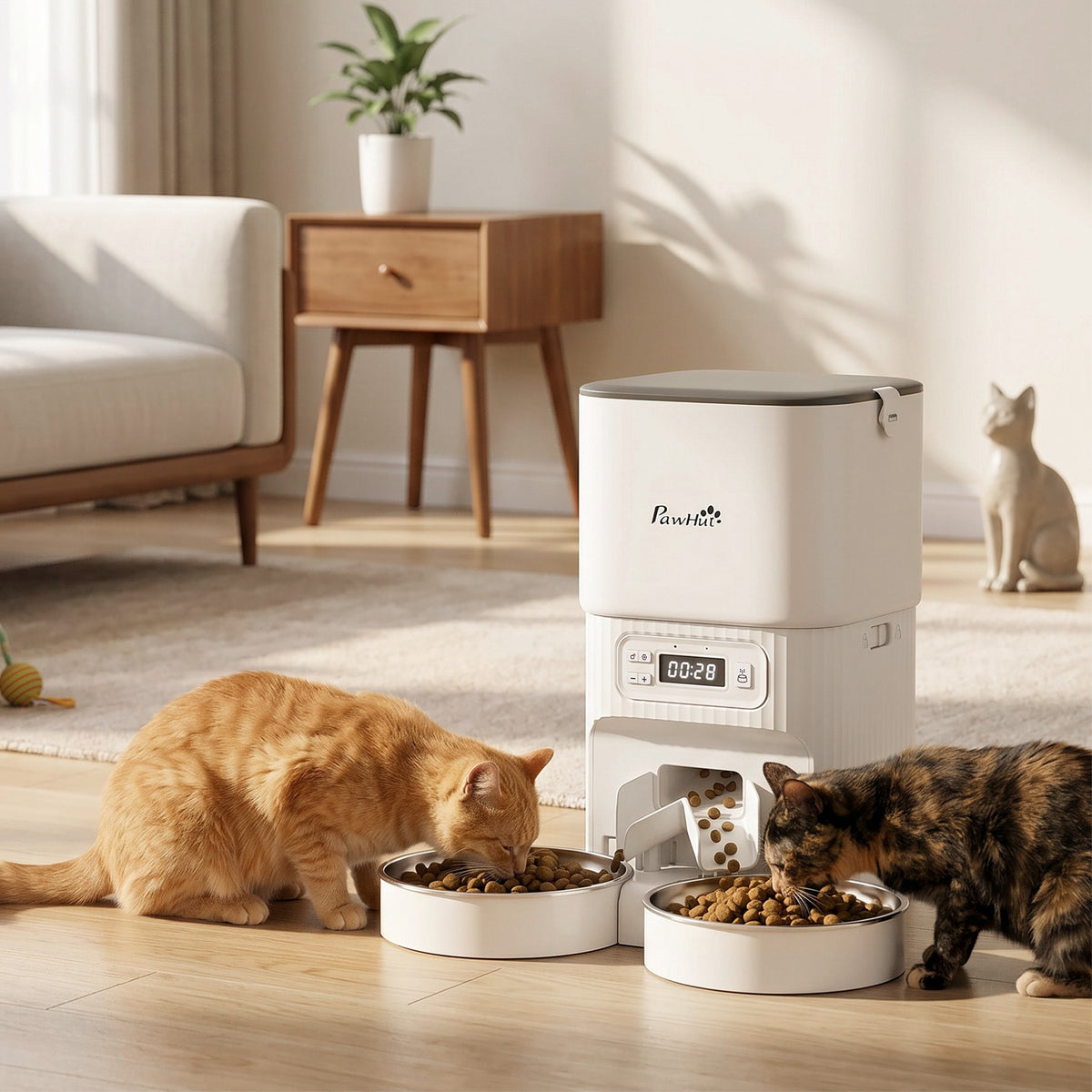 Automatischer Katzenfutterspender mit Zeitschaltuhr, Portionierung und 2 Edelstahlnäpfen