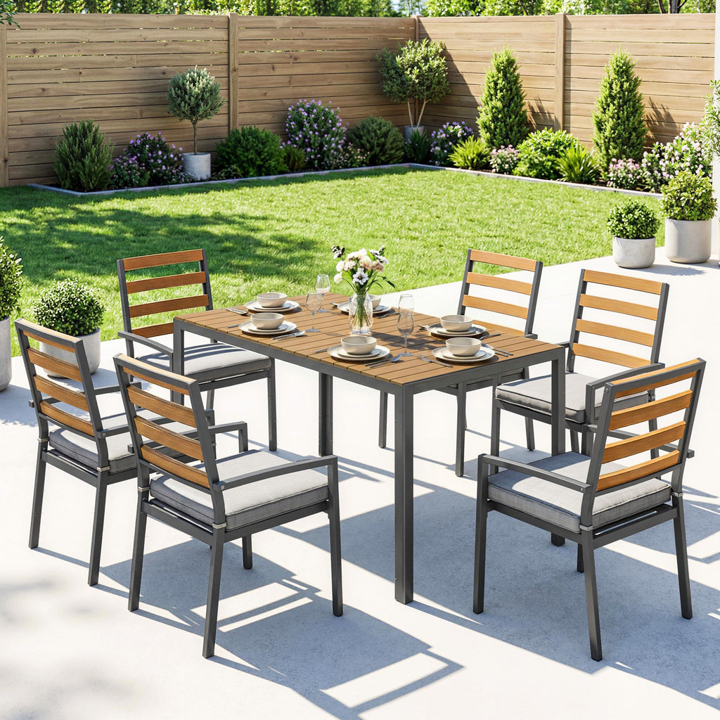 7 tlg. Sitzgruppe Gartenmöbel-Set, Gartengarnitur mit 1 Esstisch, 6 Stühlen, Kissen, für Terrasse, Naturholz