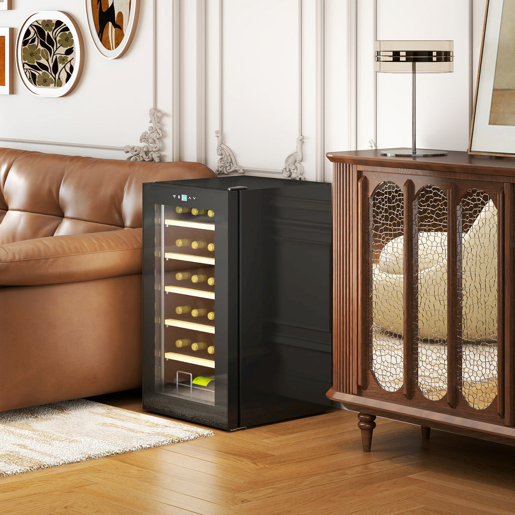 Weinkühlschrank für 24 Flaschen, einstellbare Temperatur 5 bis 20° C, LED-Beleuchtung, schwarz, 43 x 45 x 75 cm