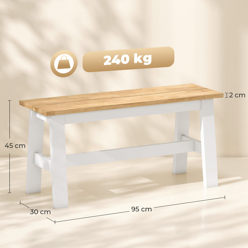 Sitzbank für 2, Holzbank in Eichenoptik, stabilisierende Querstange, für Wohnzimmer, Esszimmer, Flur, Kautschukholz, Weiß