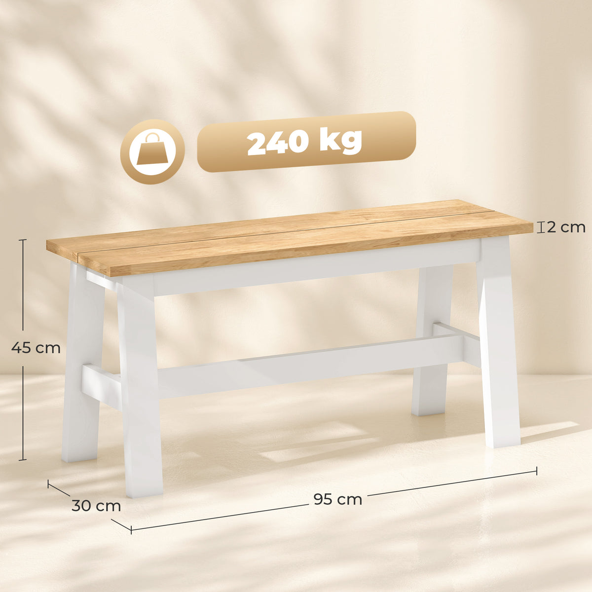 Sitzbank für 2, Holzbank in Eichenoptik, stabilisierende Querstange, für Wohnzimmer, Esszimmer, Flur, Kautschukholz, Weiß