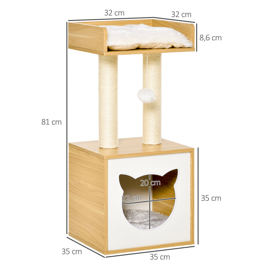 Katzenhöhle Katzenbett mit waschbarem Kissen, Plattform, Kratzsäule, Spielball, Katzenhaus für Katzen für Indoor 35 x 35 x 81 cm Eiche
