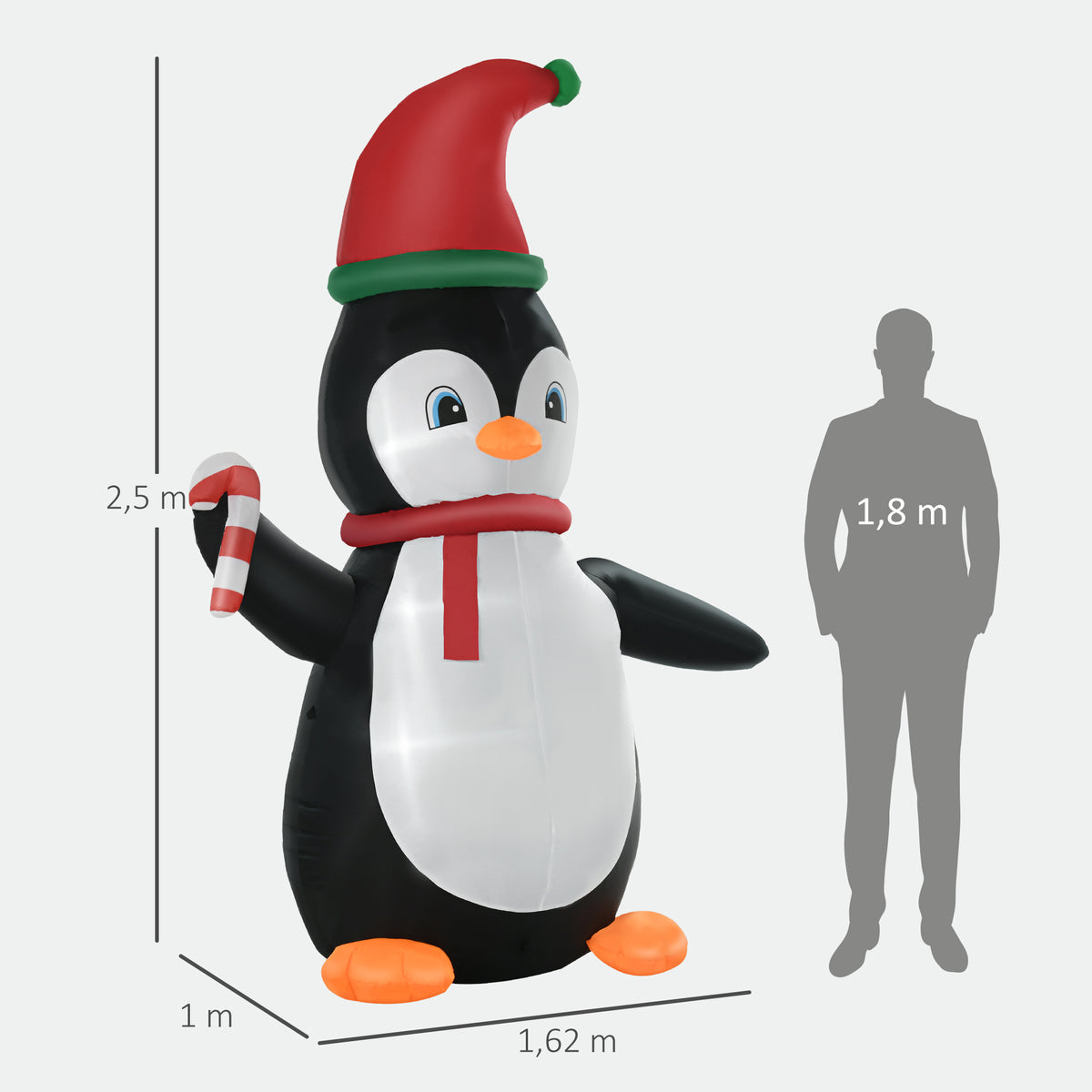 Aufblasbare Weihnachtsdeko, 2,5 m Aufblasbarer Weihnachtspinguin mit 3 LED-Lichtern, 162 x 100 x 250 cm, Mehrfarbig