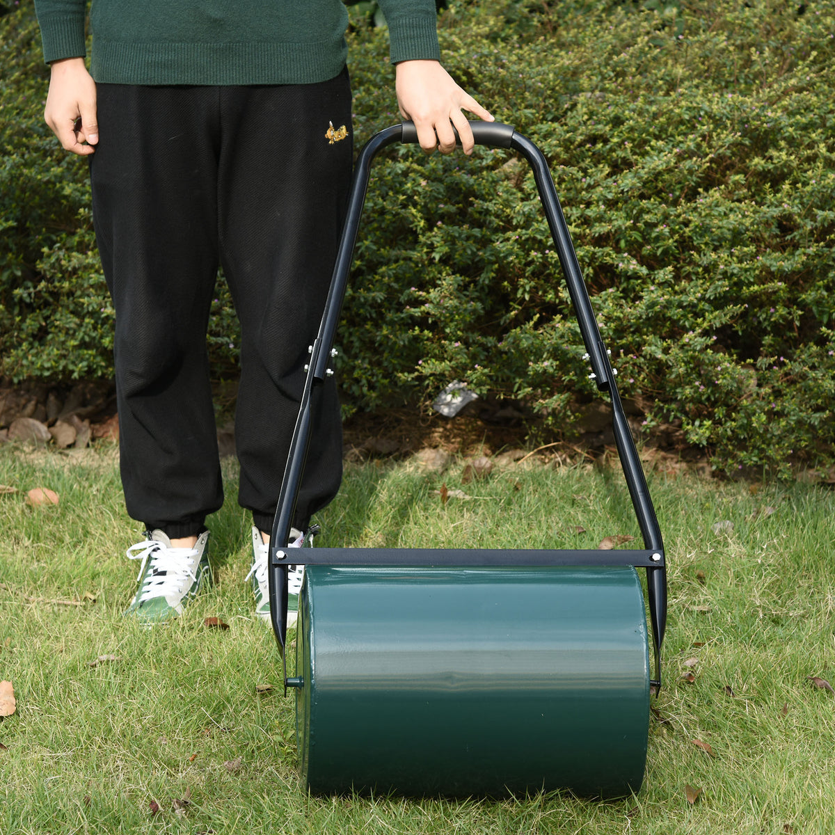 30 L Garden Lawn Roller with Water/Sand Filled Drum, Heavy Duty Steel Lawn Push Rolling Tool, Dark Green