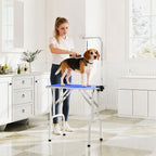 32" Foldable Dog Grooming Table Pet Drying Beauty Table Adjustable Fixed Arm Rubber Top, Blue