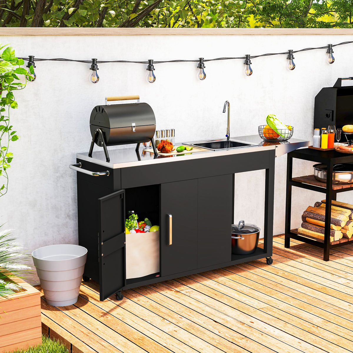 Grillwagen Servierwagen mit Arbeitsfl?che Seitenblatt Schrank Sp¨¹le R?der, Edelstahl 162,5x47x87cm Schwarz