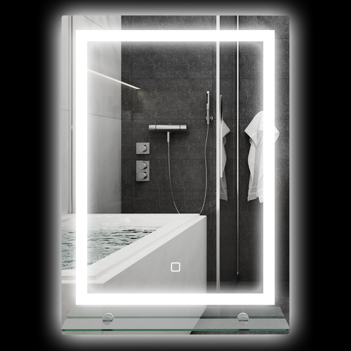 LED-Badspiegel, dimmbar, Anti-Beschlag, Touch-Schalter, Ablage, 50 x 70 cm, Silber