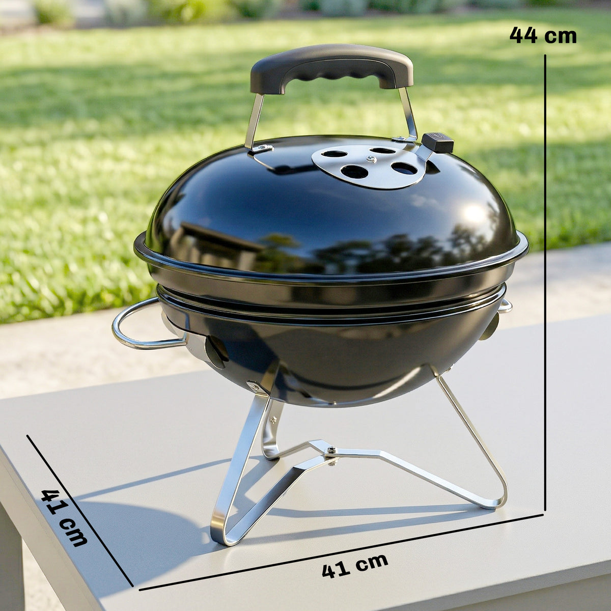 Holzkohlegrill Tragbarer Kugelgrill mit Deckel Griff verstellbaren Lüftungsschlitzen für Barbeque 41x41x44 cm Schwarz