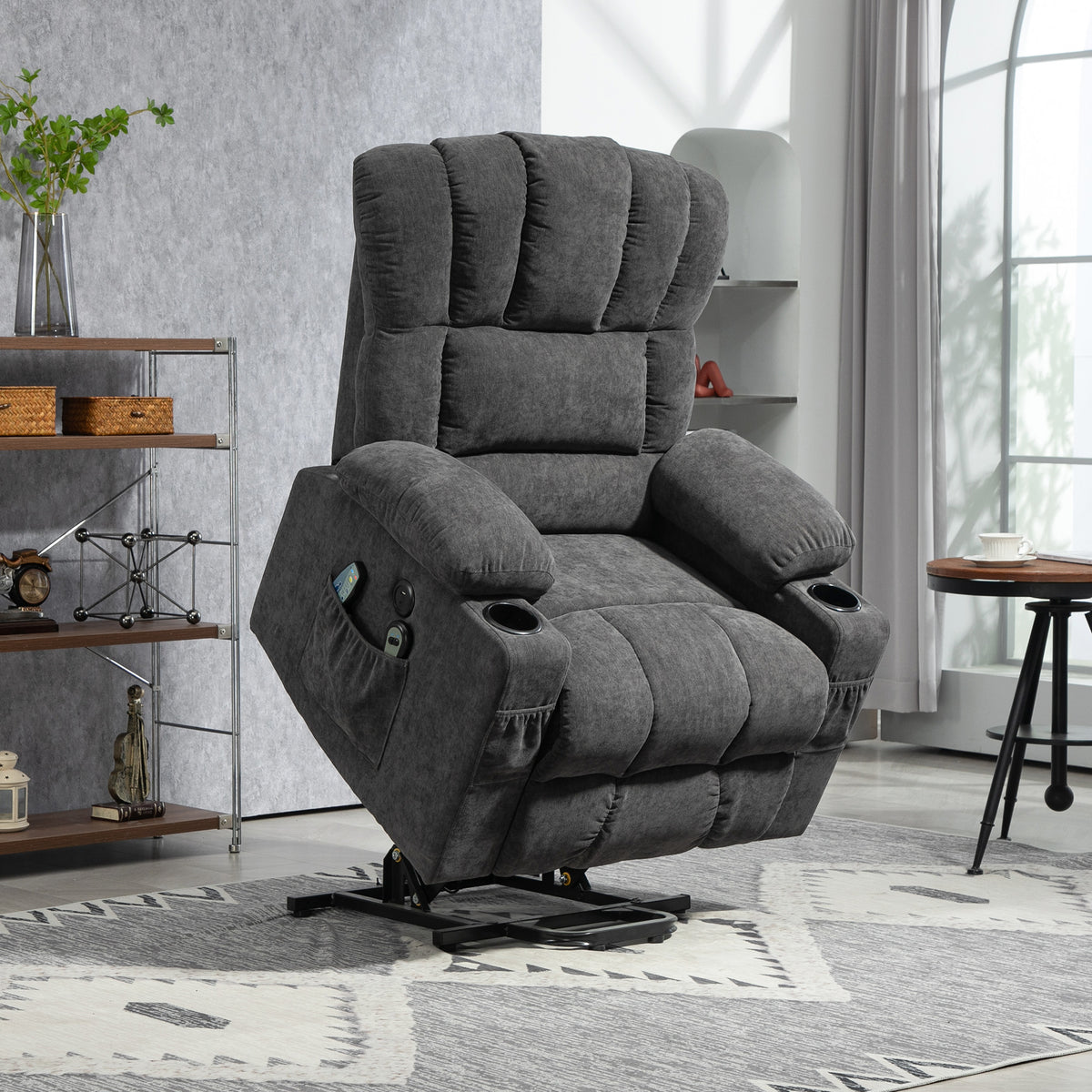 Elektrischer Power Lift Aufsteh-Sessel mit Massage- und W?rmefunktion, USB-Anschl¨¹ssen, Becherhaltern, Dunkelgrau