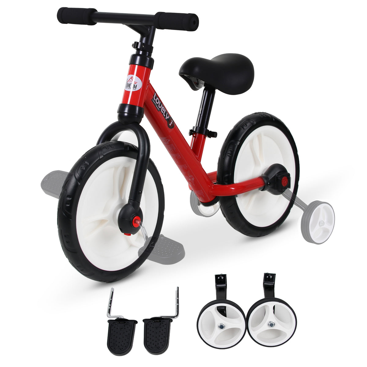 Kinder Laufrad ab 2-5 Jahre Lauflernrad mit Stützrädern, Pedalen, Höhenverstellbarem Sitz, Spielzeug Balance Bike für Kleinkinder Erste Geburtstag Geschenk, Rot