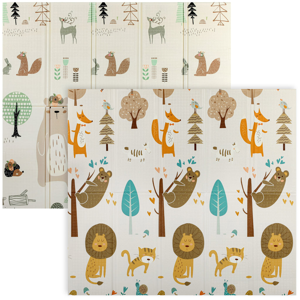 Baby Play Mat, Double Sideded Foldable Kids Crawling Mat, Reversible & Waterproof, Animal