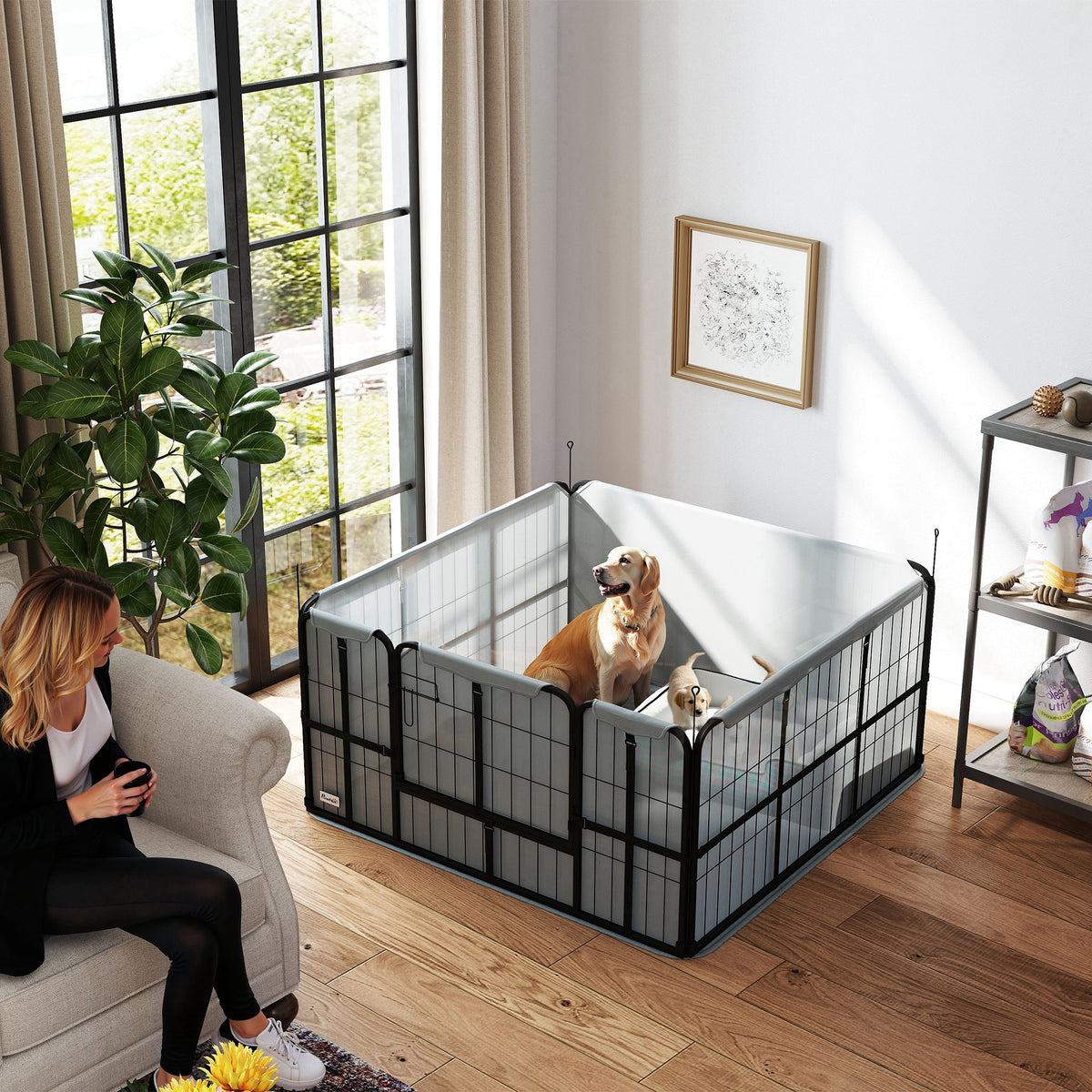 Wurfkiste für Welpen mit Unterlage, winddichtem Oxford-Gewebe, für mittelgroße große Hunde, 122x122x60 cm Schwarz