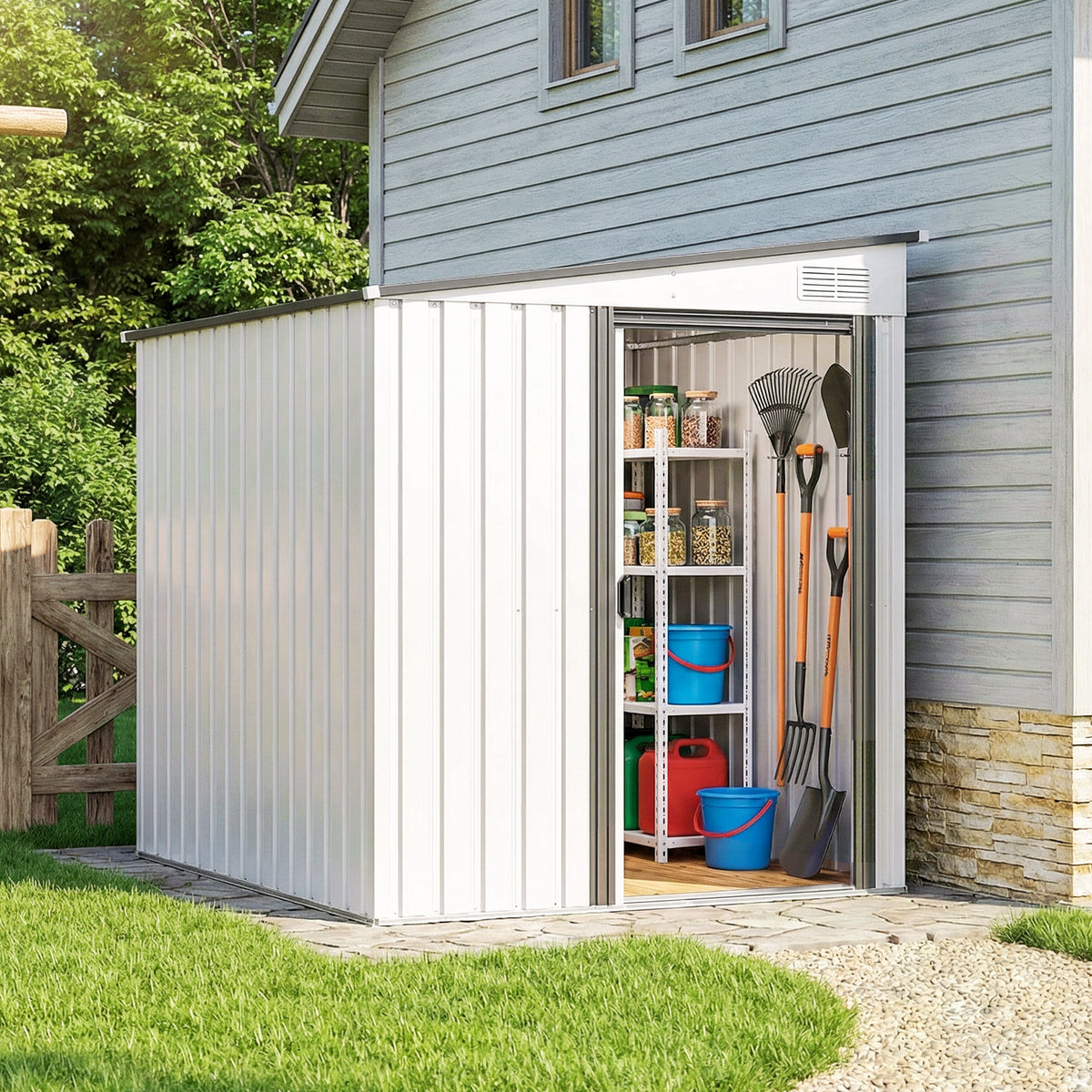 7 x 5ft Galvanised Metal Shed, with Sliding Door - White