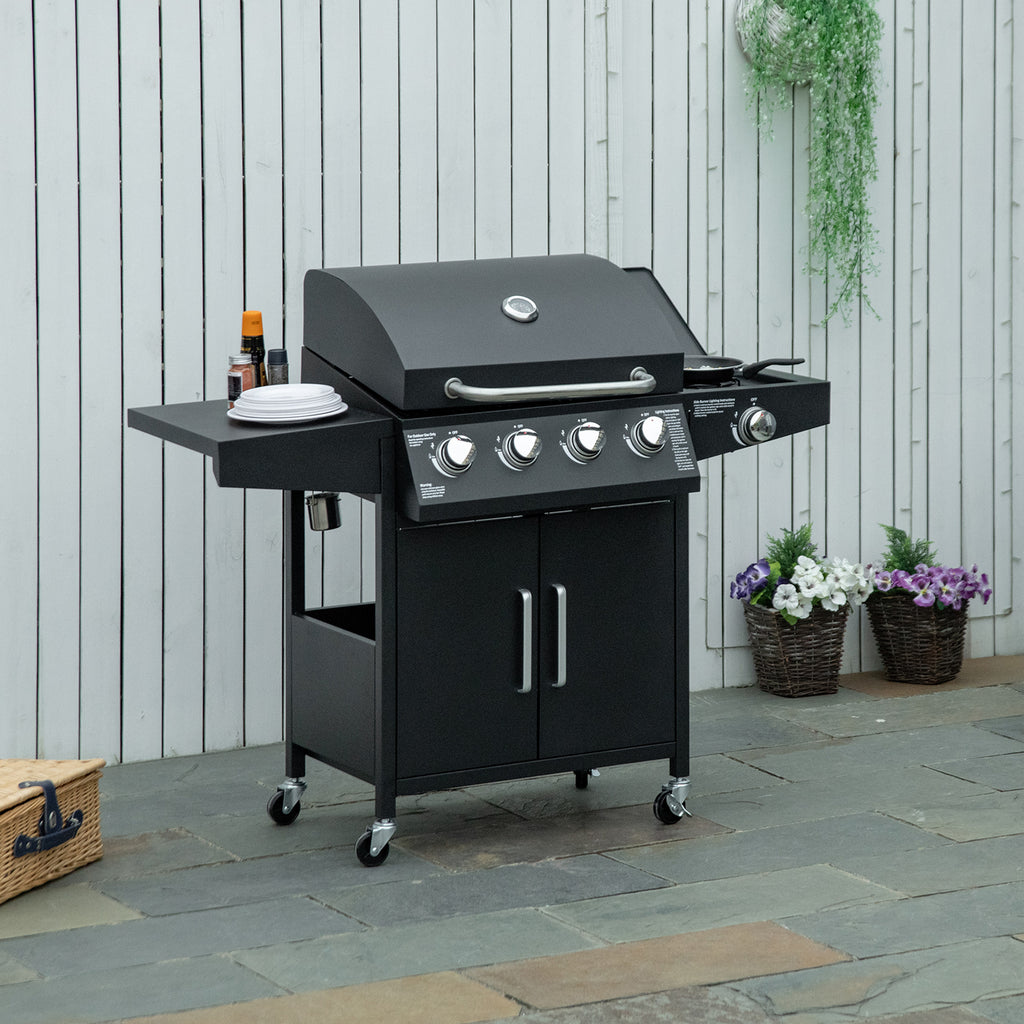  Gasgrill BBQ mit 3 Brennern je 3 kw mobiler Grillwagen mit 4 Rädern Grillnetz Seitentischen Druckminderer Schläuche Schrank Multifunktion Metall Schwarz 132,4cm x 55cm x 109cm