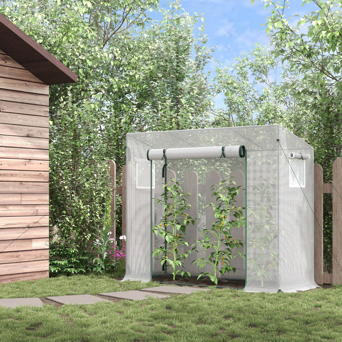 Small Walk-in Garden Greenhouse with Steel Frame, Large Roll-up Door and Windows, 200Lx76Wx168Hcm, White