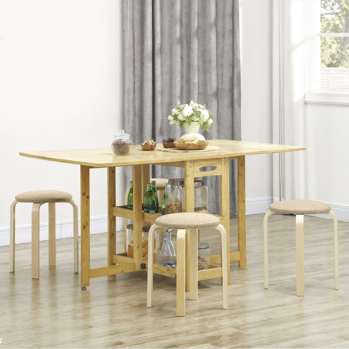 Polsterhocker im 4er-Set, stapelbar, lackierte Oberfläche, Holzbeine, Khaki