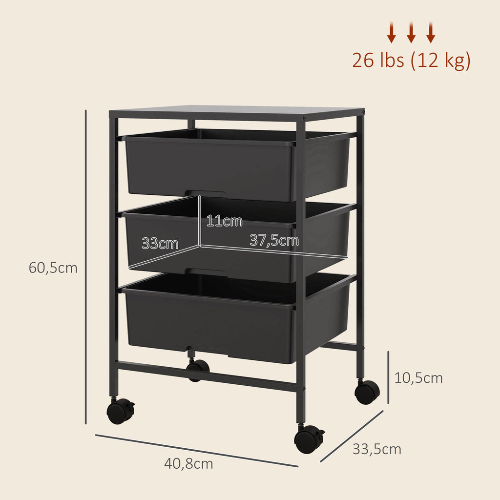 Beistellwagen mit R?dern, 3 K?rbe f¨¹r Transport und Aufbewahrung, K¨¹chenwagen, 40,8L x 33,5B x 60,5H cm, Schwarz