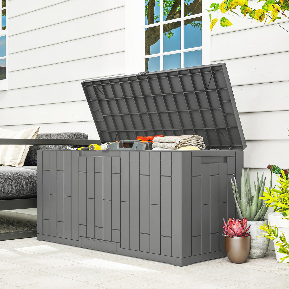 Gartenbox 227 Liter Wasserdicht Abschließbar UV-beständig Auflagenbox mit Holzoptik für Garten 106,5x43x54,5cm Grau
