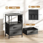 Couchtisch Beistelltisch mit Ladestation, Stahlrahmen, USB-C-Anschl¨¹ssen, Schubladen, Haken, 40cm x 30cm x 60cm Schwarz