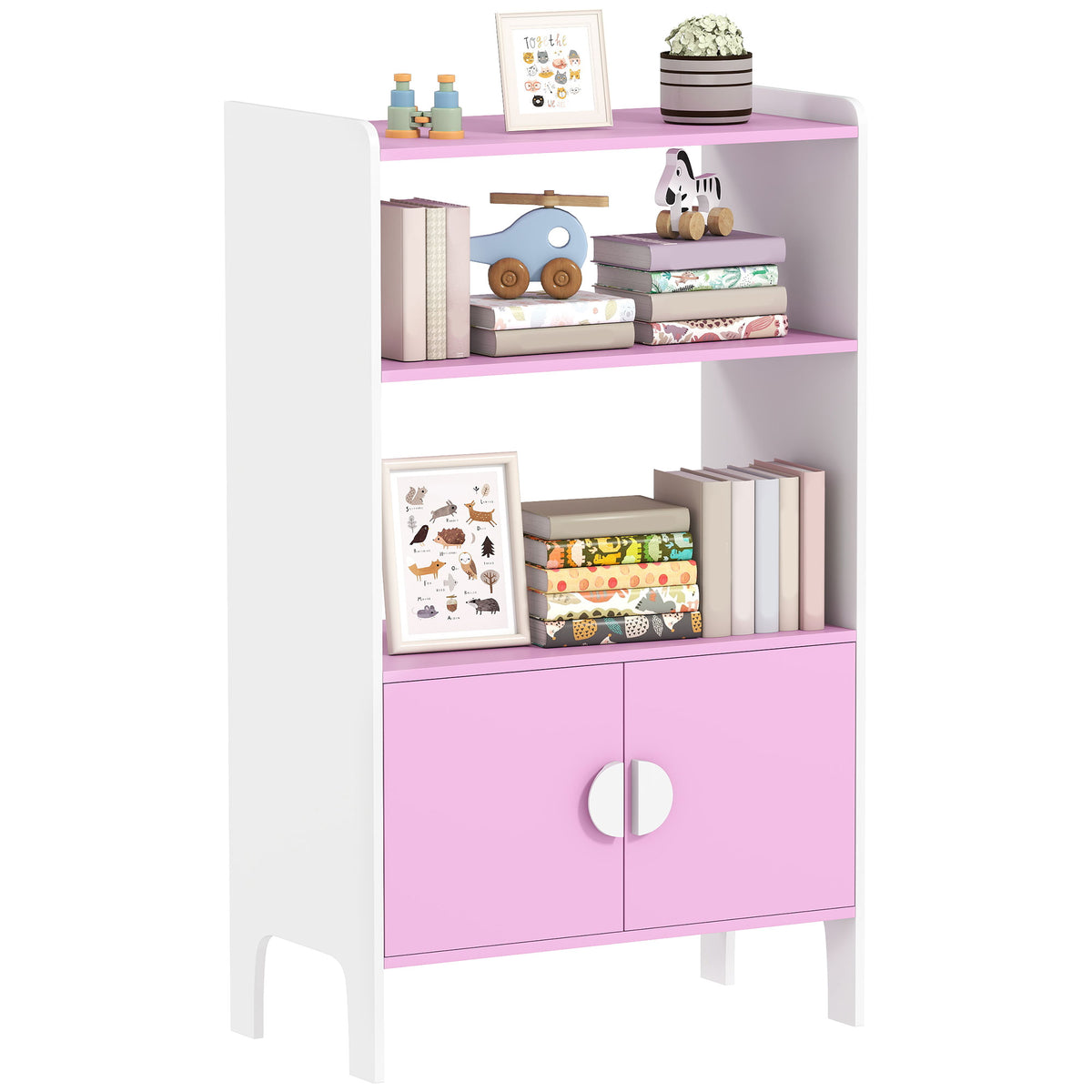 Bücherregal für Kinder, 2 Regale, 2 Schränke, freistehend, Anti-Kipp-Design, rutschfeste Füße, MDF, Rosa+Weiß