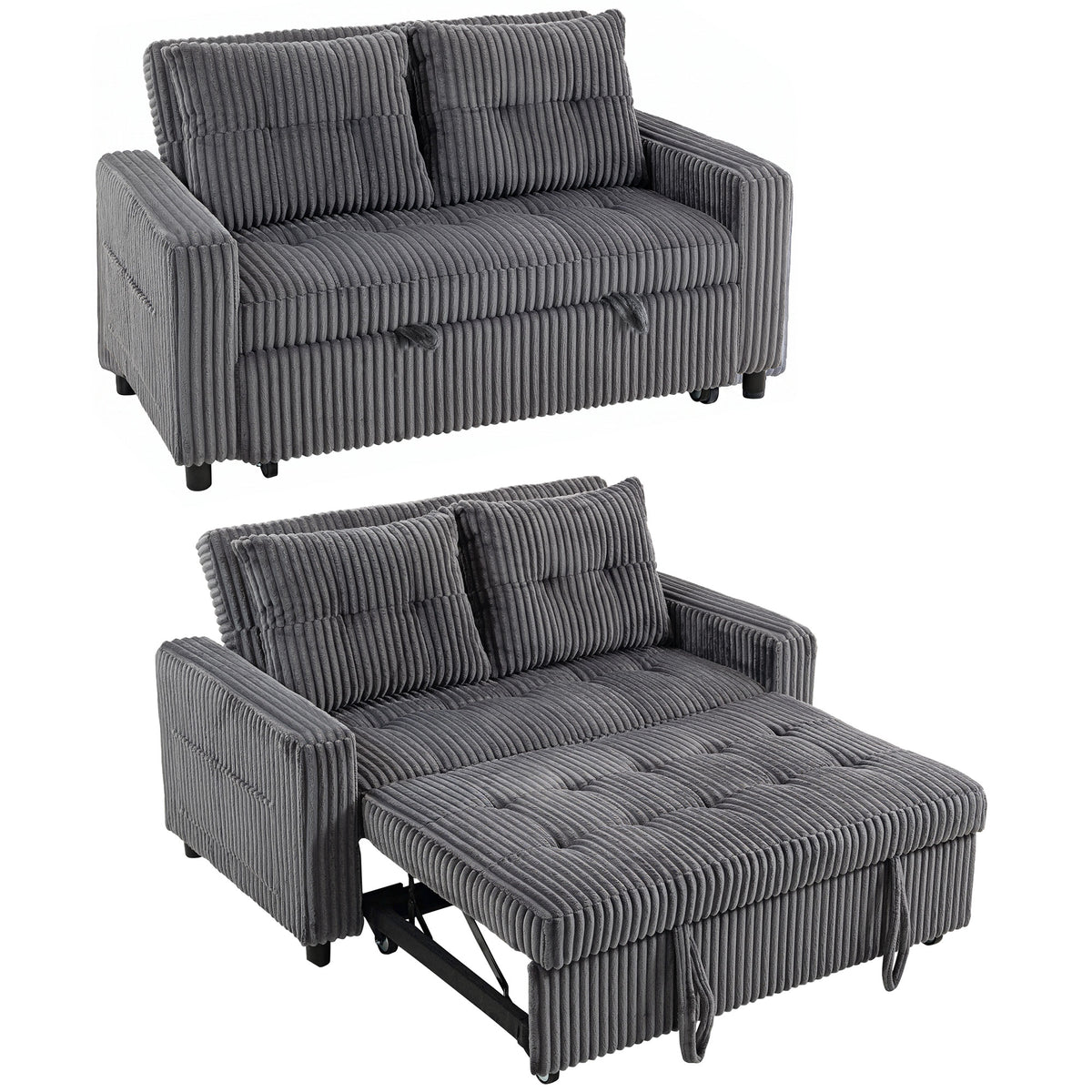 2-Sitzer Sofabett, Cordbezug, zum Schlafsofa umwandelbar, 2 Kissen, Seitentaschen, 157 x 190 cm, Dunkelgrau