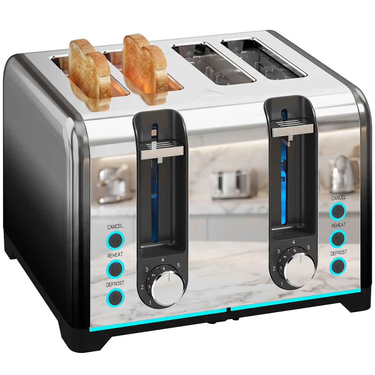 4-Scheiben-Toaster mit 7 Bräunungsstufen, Aufwärm-, Auftau- und Abbruchfunktion