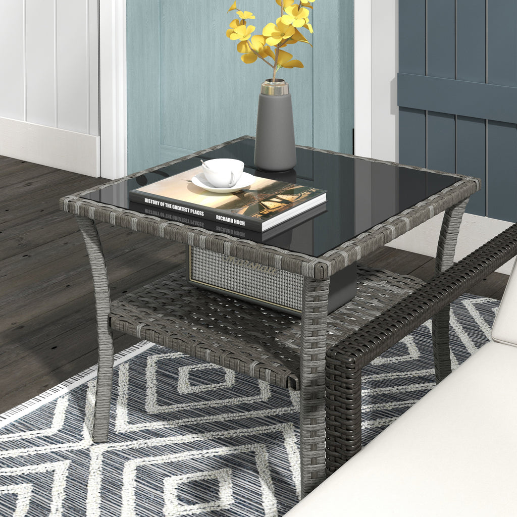 Two-tier PE Rattan Square Coffee Table - Grey
