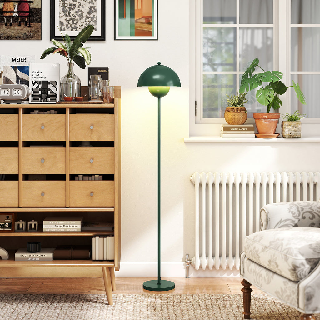 Stehlampe, runder Schirm, Fußschalter, langes Kabel, eleganter Look, Stahl, Grün