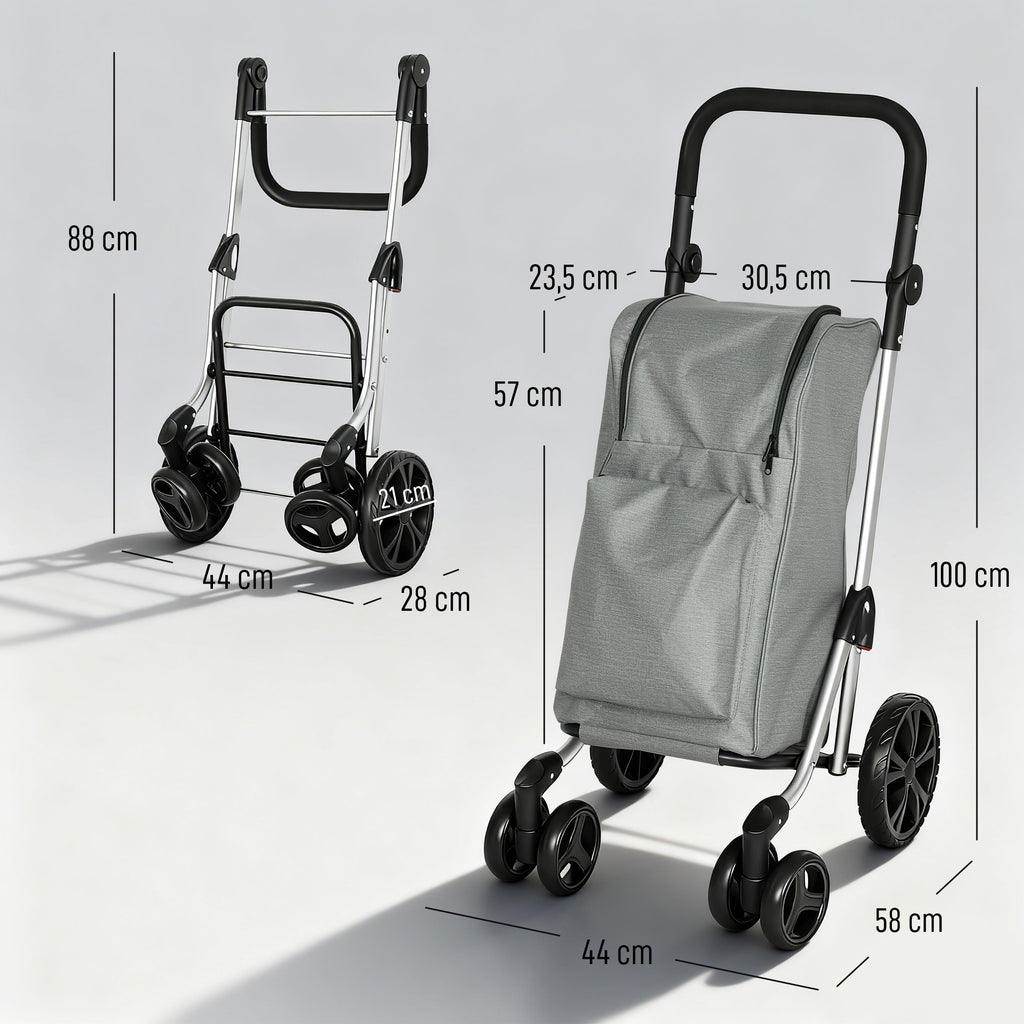 Einkaufstrolley, 46 Liter Tasche, Faltbarer Einkaufswagen mit K¨¹hltasche, verstellbarer Griff, Aluminiumrahmen, Grau