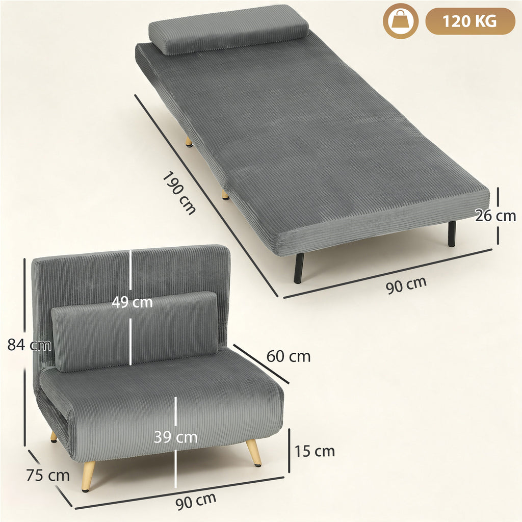 Schlafsessel 3 in 1 Schlafsofa mit Bettfunktion, 90x190cm Dunkelgrau