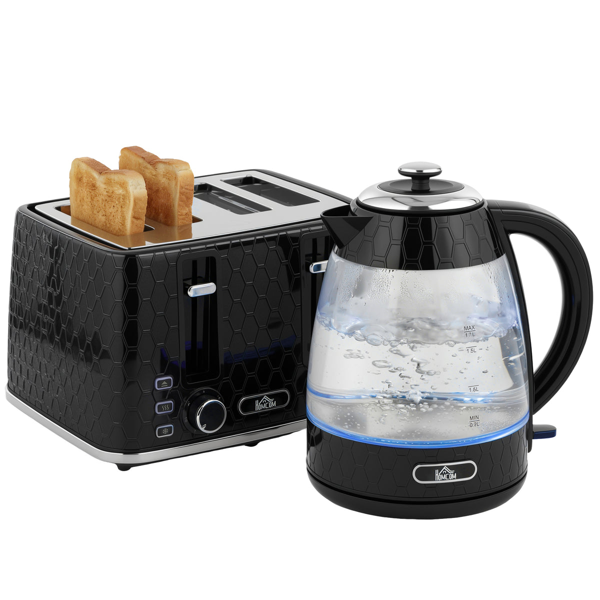 1,7L 2200W Schnellkoch-Wasserkocher und 4-Scheiben-Toaster-Set mit Kalkfilter, Schwarz
