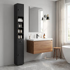 180 cm Schmaler Badezimmerschrank, Toilettenpapierregal mit offenen Fächern, 2 Schränken, Schwarz