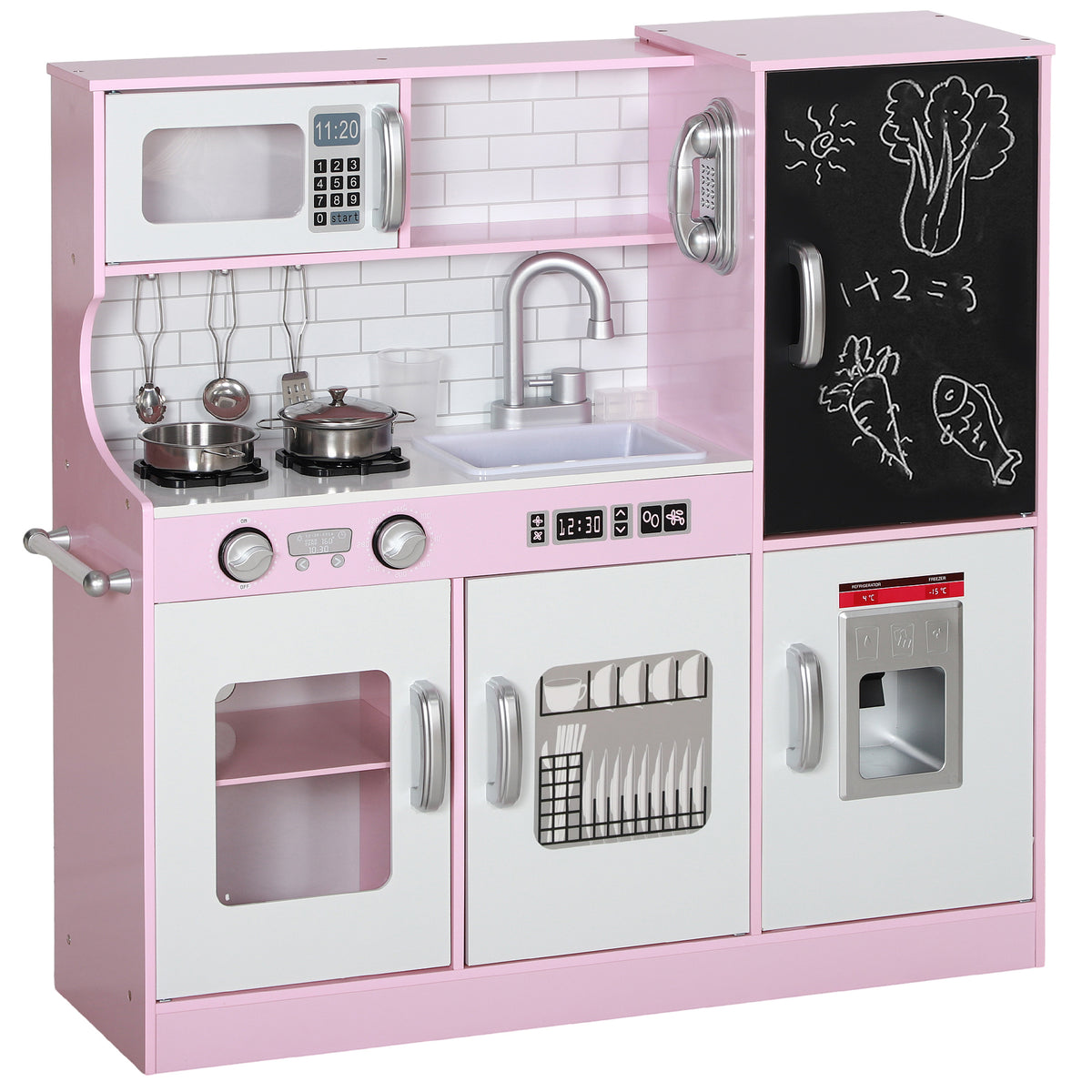 Pretend Play Kitchen, Kids Kitchen Playset, with Toy Phone, Chalkboard, Microwave, Cooking Stove, Sink, Pink