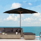 3(m) Garden Parasol, Pulley Operated Patio Umbrella, Wooden Parasol, Table Market Umbrella with Rope Pulley Mechanism and 8 Ribs, Black