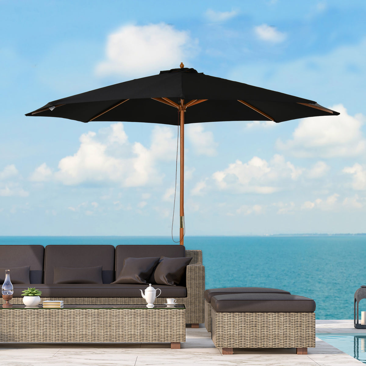 3(m) Garden Parasol, Pulley Operated Patio Umbrella, Wooden Parasol, Table Market Umbrella with Rope Pulley Mechanism and 8 Ribs, Black