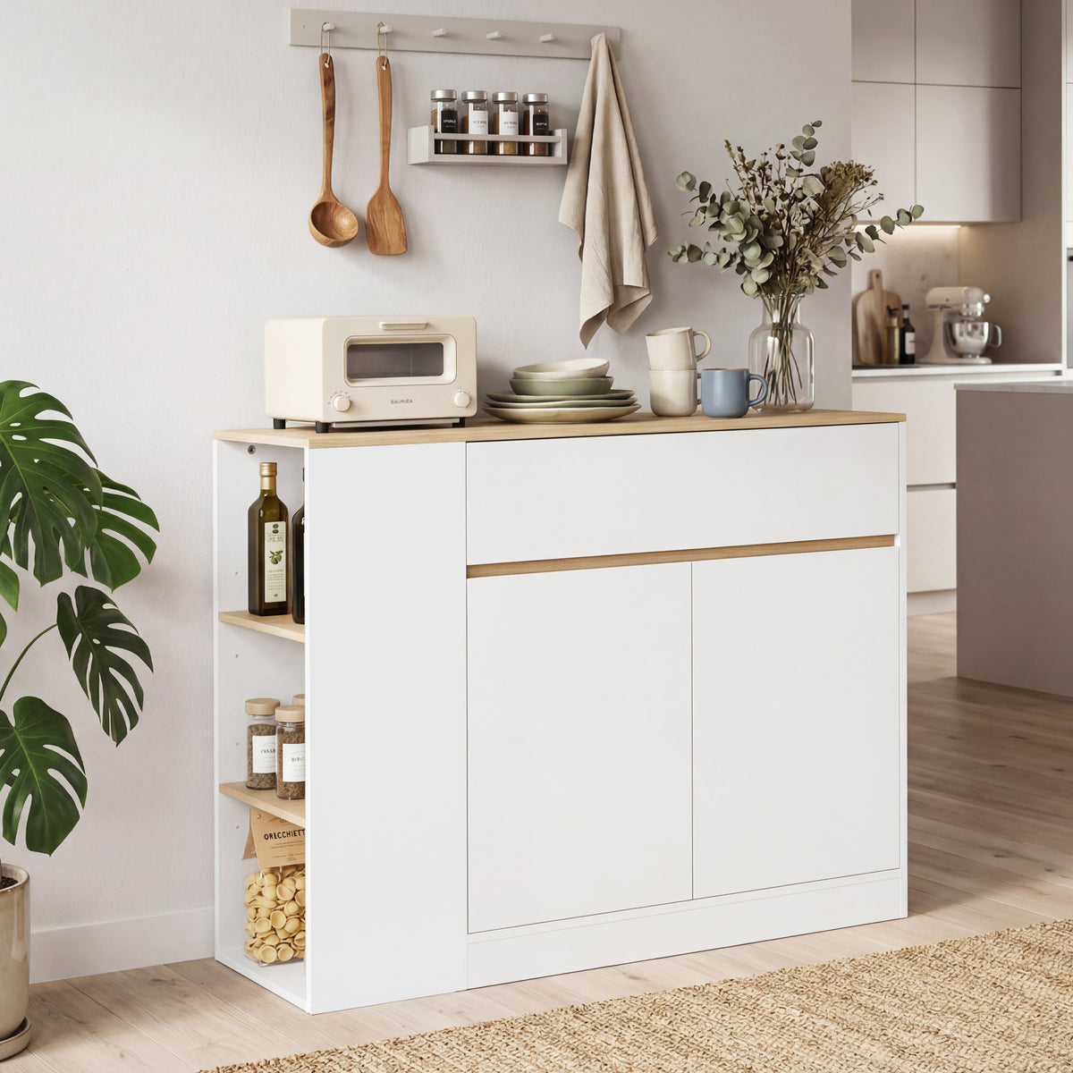 Sideboard, gro?es Schrankfach, 3 Ablagef?cher, Schublade, 106 x 30 x 81,2cm, Wei?/Holz