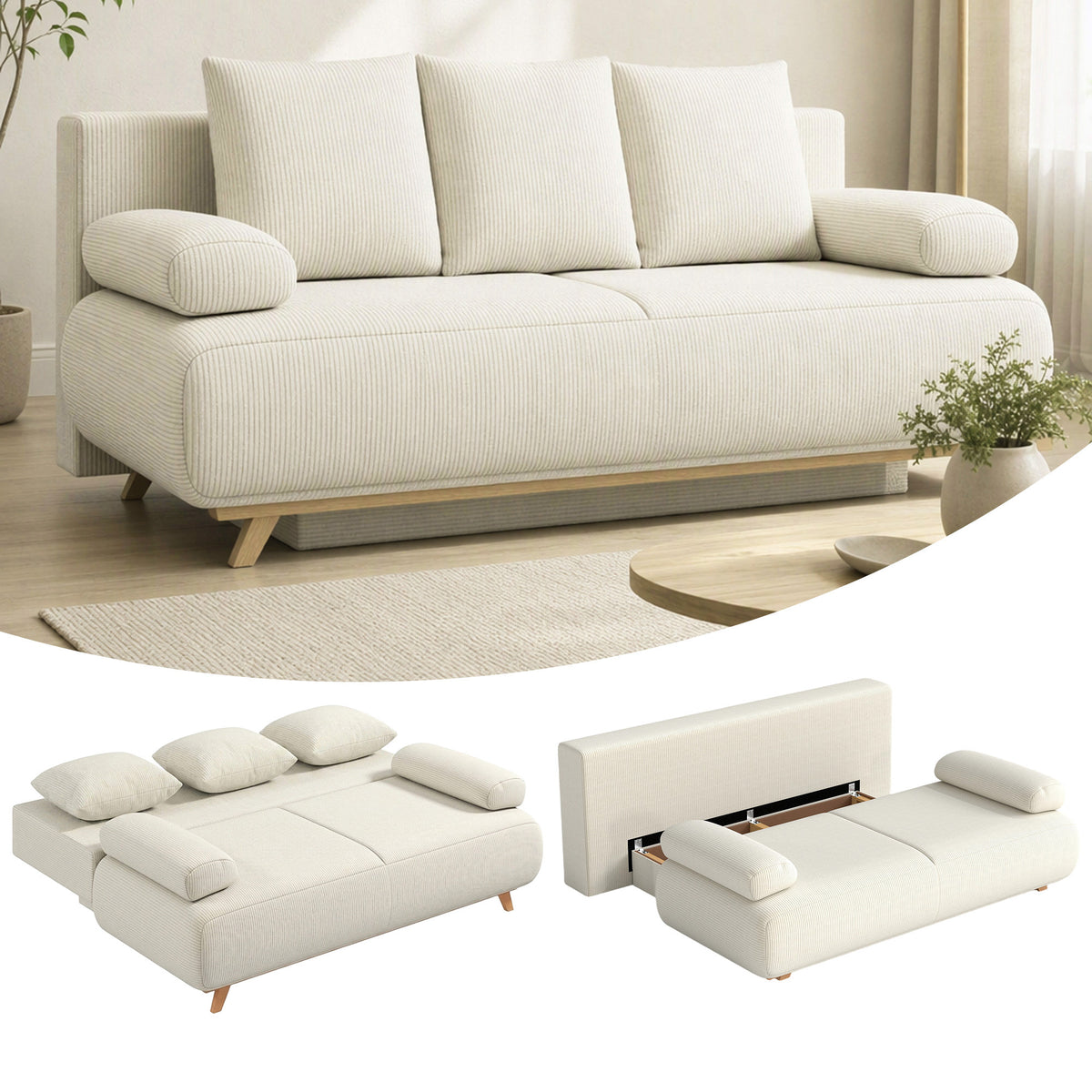 Schlafsofa mit verstellbarer Rückenlehne, Bettfunktion, verstecktem Stauraum und Cordbezug, Beige