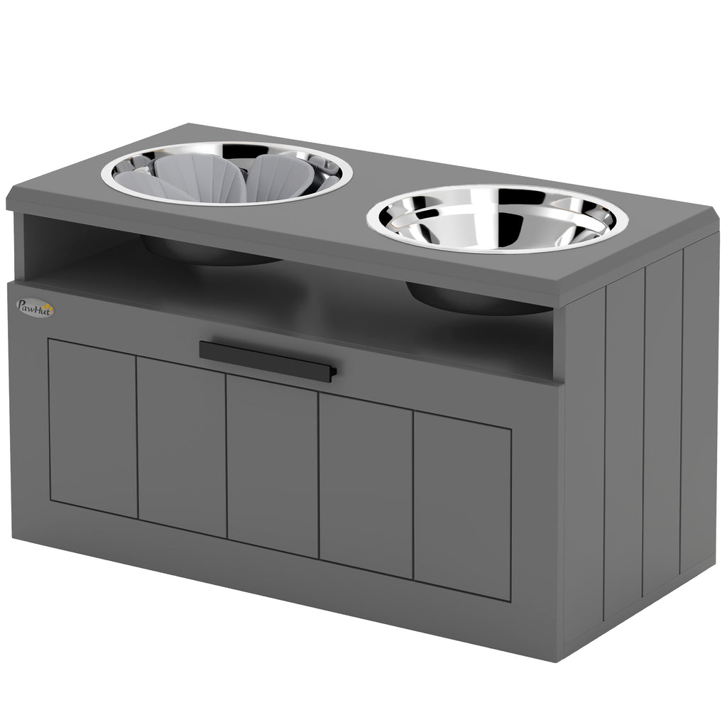 Raised Dog Bowl with Slow Feeder, Two Stainless Steel Dog Bowls, Drawer, for Large and Extra Large Dogs, Grey