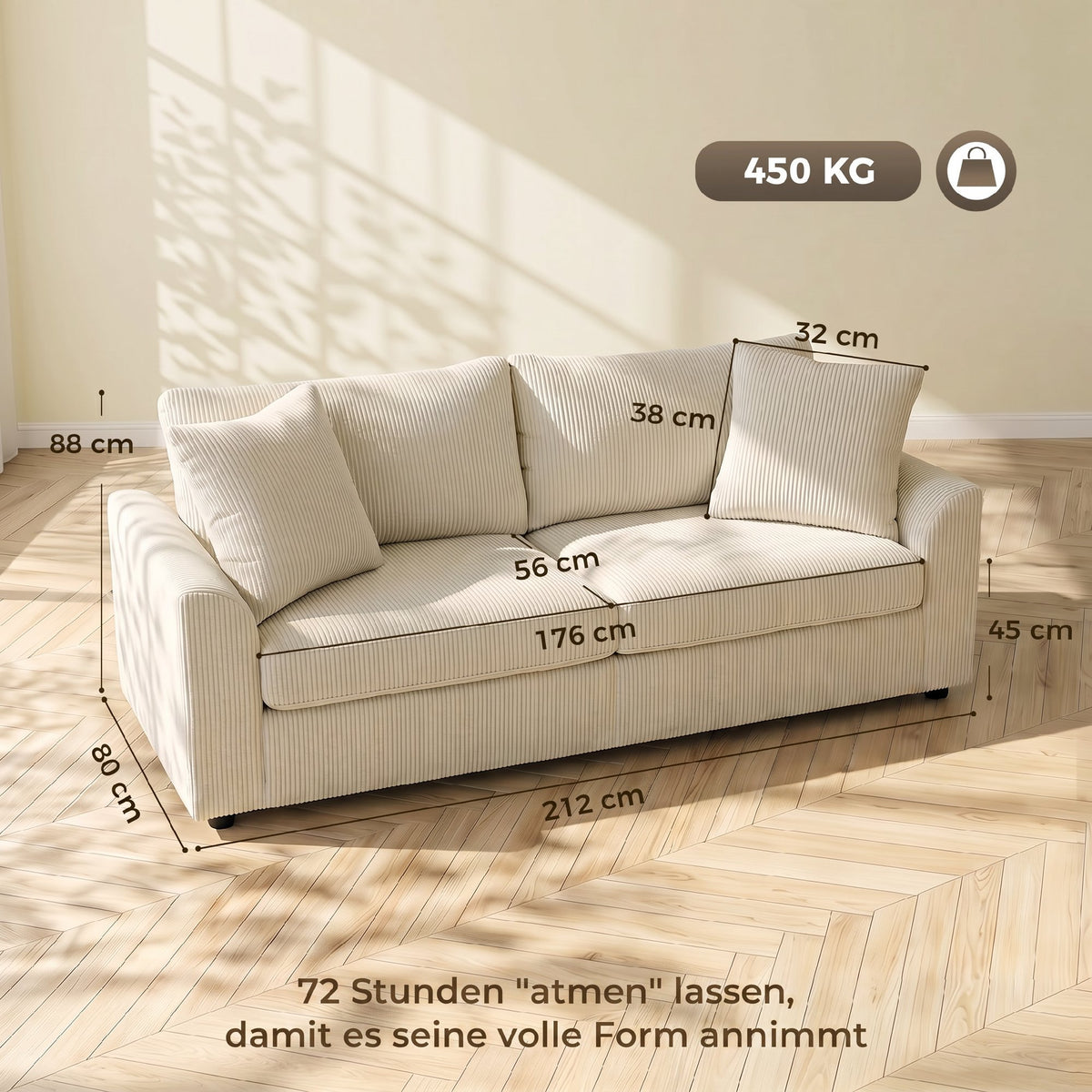 3-Sitzer-Sofa mit Zierkissen, Cordsofa f¨¹r Wohnzimmer, Schlafzimmer, 212 cm breit, Cremewei?