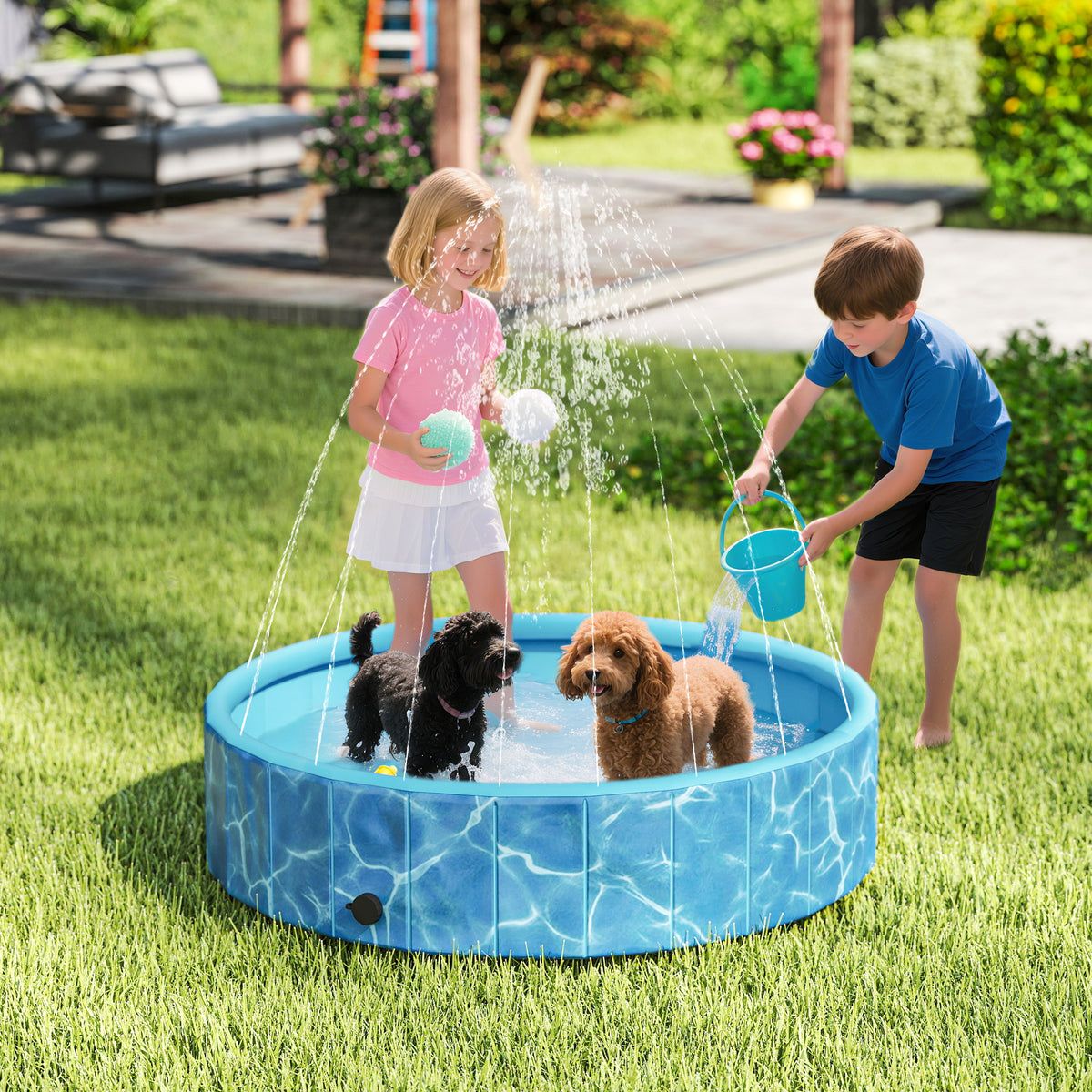 Hundepool Faltbar Planschbecken mit Brunnen- und Wasserpolsterdesign Ø120 x 30 cm Blau