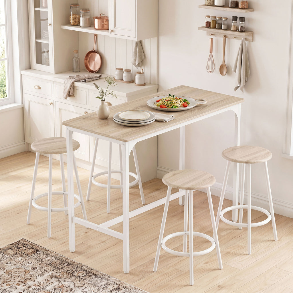 5-teiliges Bartisch-Set für 4 Personen, Industrieller Stehtisch mit Hockern für Küche & Esszimmer, Eiche