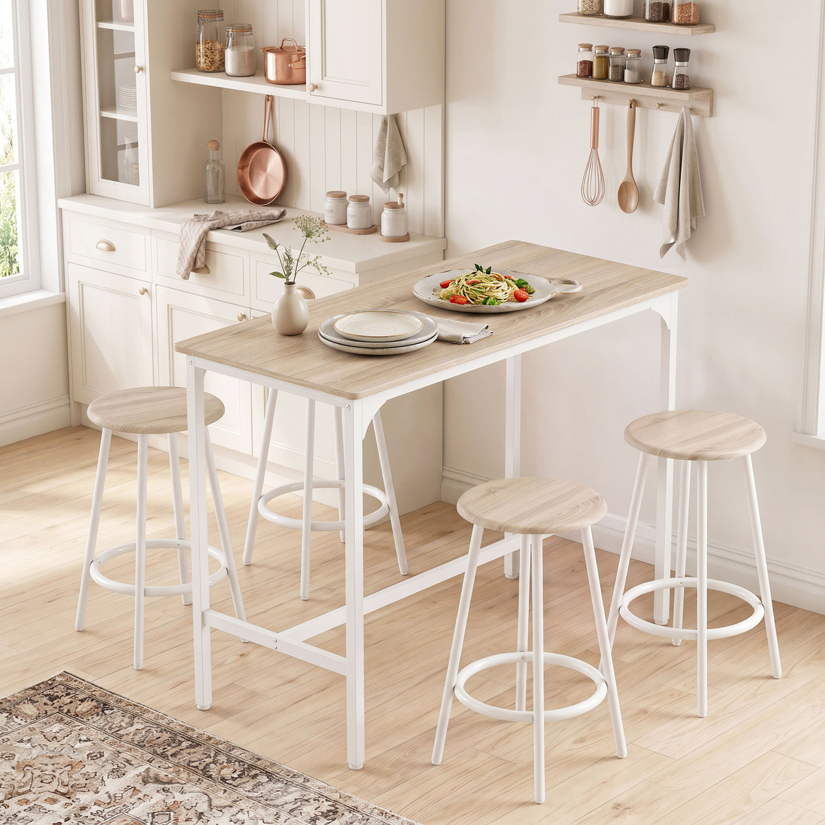 5-teiliges Bartisch-Set für 4 Personen, Industrieller Stehtisch mit Hockern für Küche & Esszimmer, Eiche