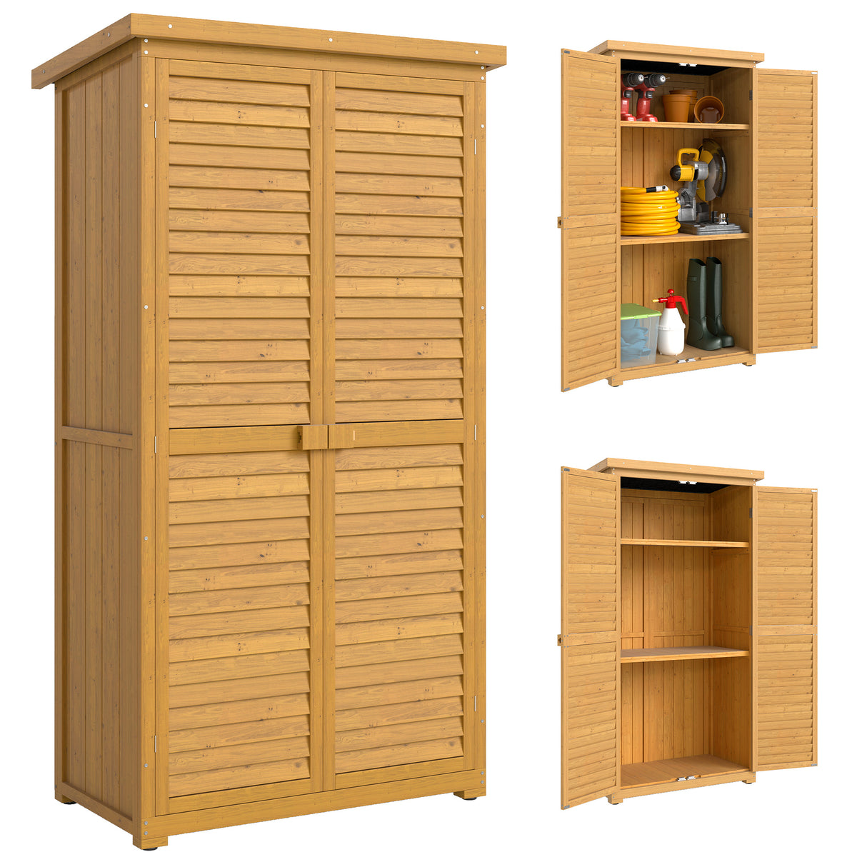 Wooden Small Shed, Garden Storage Shed with 3 Shelves, Asphalt Roof and Shutter Doors, Natural Wood Finish